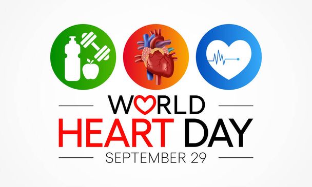 La Giornata Mondiale del Cuore viene osservata ogni anno il 29 settembre, per evidenziare le azioni che gli individui possono intraprendere per prevenire e controllare le malattie cardiovascolari (CVD). Illustrazione vettoriale - Vettoriali, immagini