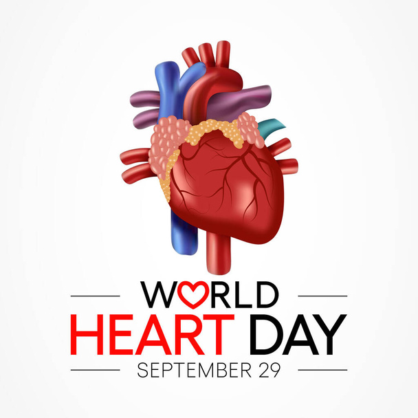 A Szív Világnapját minden évben szeptember 29-én tartják, hogy kiemeljék azokat az intézkedéseket, amelyeket az egyének megtehetnek a szív- és érrendszeri betegségek (CVD) megelőzése és leküzdése érdekében. Vektorillusztráció - Vektor, kép