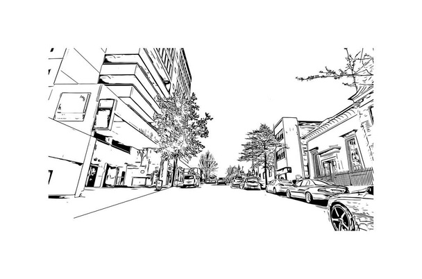 Print Building vista com marco de Hobart é a cidade na Austrália. Desenho desenhado à mão ilustração em vetor. - Vetor, Imagem