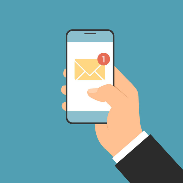 Flat design illustration of a manager's hand holding a smartphone by notifying an incoming email or SMS. Envelope icon with one unread message - vector - Wektor, obraz