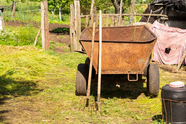 Dva páry vidliček sena u kovového vozíku na dvoře. Zemědělský a šlechtitelský pracovní nástroj. V létě má farmář před sebou těžkou práci. - Fotografie, Obrázek