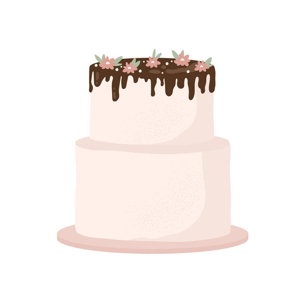 Un gâteau d'anniversaire moderne. Gâteau d'anniversaire couvert de chocolat aux couleurs pastel. Fleurs et feuilles, décoration botanique. Illustration vectorielle de dessin animé plat. Isolé sur fond blanc.  - Vecteur, image