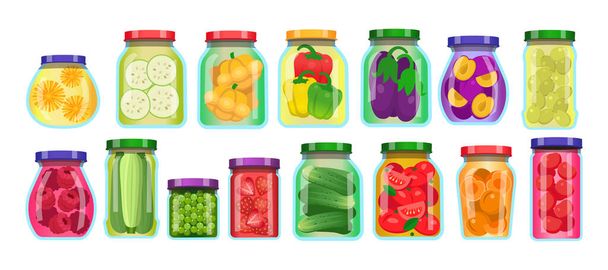  Légumes et fruits en conserve. Pots en verre sertis. Illustration vectorielle de bande dessinée isolée sur fond blanc - Vecteur, image