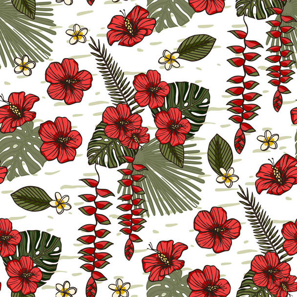 赤いハイビスカスの花熱帯夏シームレスパターン. - ベクター画像