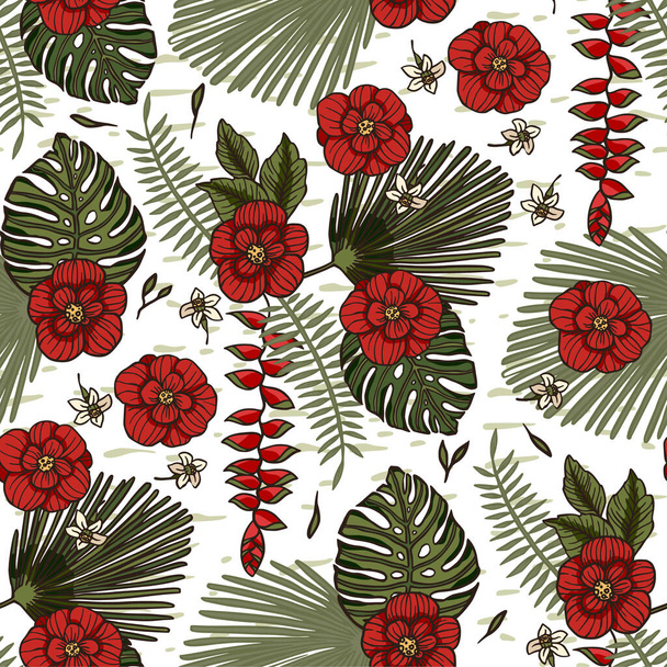 赤いハイビスカスは熱帯夏のシームレスなパターンをバラ. - ベクター画像