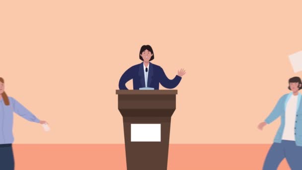 animace dne voleb s kandidátem na řečnickém pódiu a lidmi - Záběry, video
