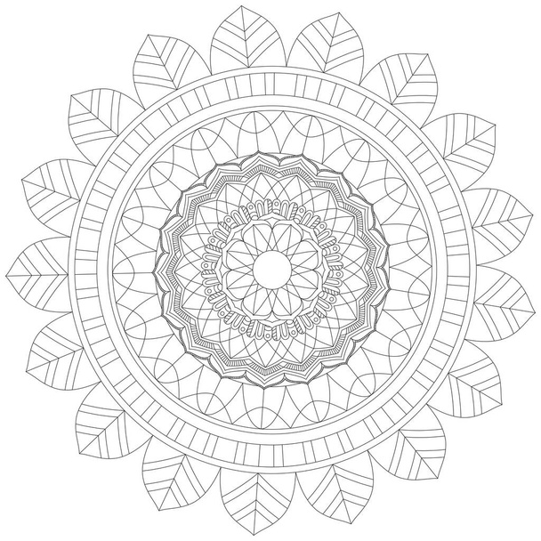 マンダラベクトルの葉の花のぬりえアートシンプルなグラフィック花のオリエンタルアウトラインヴィンテージ装飾要素イラストイスラムアラビア語インドトルコの神秘的な宗教道徳ロータス練習ペイントプリント画面ファブリックパターンテキスタイルシンボル円形のバラ  - ベクター画像