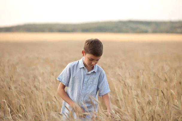Teen boy kid in wheat field in a summer day - Foto, imagen
