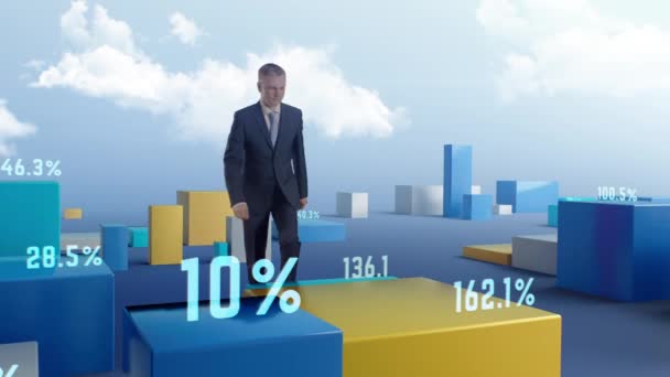 Uomo d'affari maturo in mezzo a grafici economici in crescita - Filmati, video