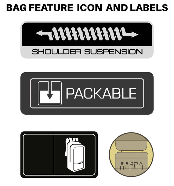 Taška a batoh Product feature icon and label, Performance icons and symbols for bags, Back pack special feature signs and symbols icon set. - Vektor, obrázek