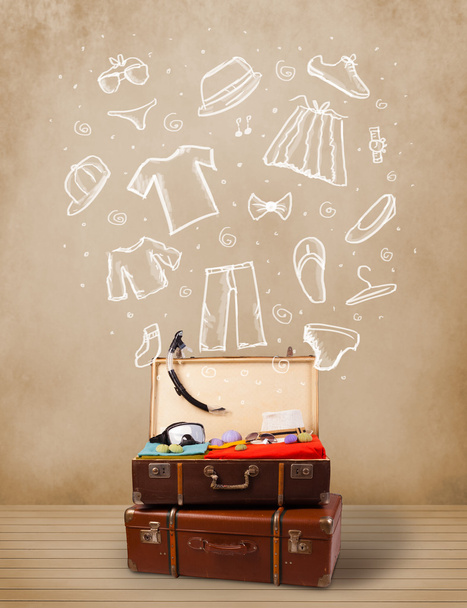 Traveler luggage with hand drawn clothes and icons - Valokuva, kuva