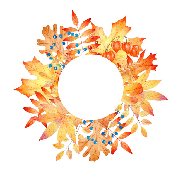Der Herbst hinterlässt einen runden Rahmen. Handgemaltes Aquarell-Cliparts. Herbstillustration. Grafiken für Einladungen, Grußkarten, Diy-Projekte, Scrapbooking, Banner, Logo. - Foto, Bild