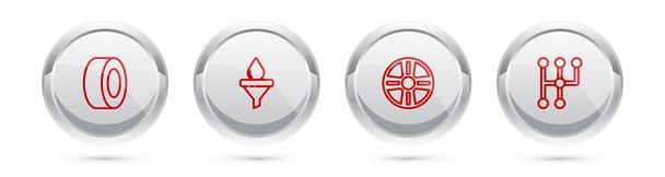 Set line Car tire, Funnel and oil drop, Alloy wheel and Gear shifter. Silver circle button. Vector - Vector, Image