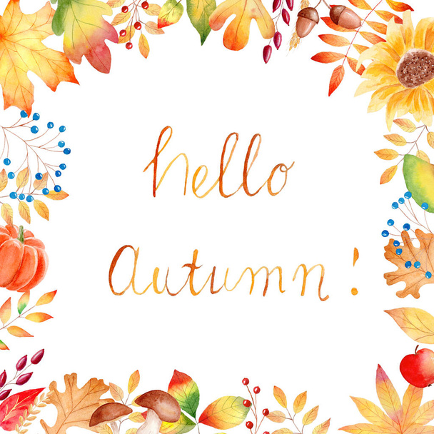 Fall leaves frame watercolor clipart. Orange pumpkin, sunflower illustration. - Foto, imagen