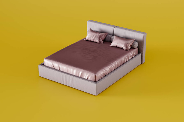 podwójne klasyczne łóżko z zagłówkiem izolowane w studio na żółtym tle, przedmioty gospodarstwa domowego, perspektywa, szablon lub baner, renderowanie 3d - Zdjęcie, obraz