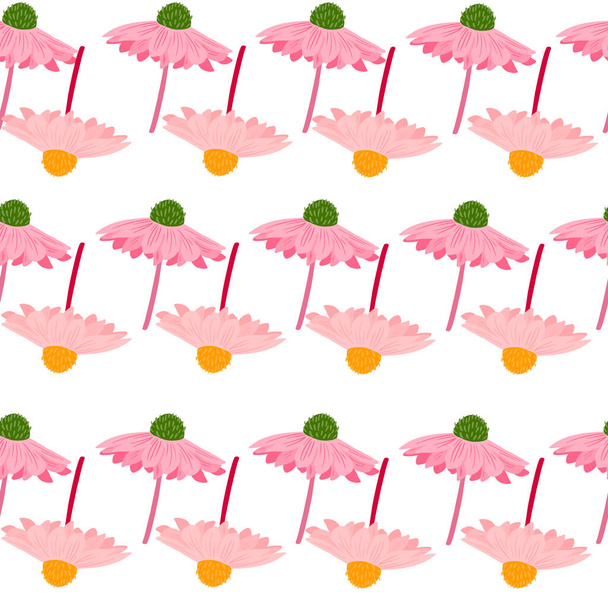 Nahtloses Sommermuster mit kreativem Gerbera-Blütenschmuck in rosa. Isolierter botanischer Hintergrund. Vektorillustration für saisonale Textildrucke, Stoffe, Banner, Kulissen und Tapeten. - Vektor, Bild