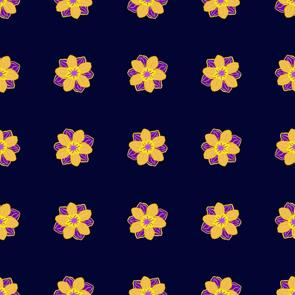 Kontrast bezešvé přírodní vzor s abstraktní žluté sasanky tvary květin pupen. Tmavě fialové pozadí. Objemová ilustrace. Vektorový design pro textil, tkaniny, dárky, tapety. - Vektor, obrázek