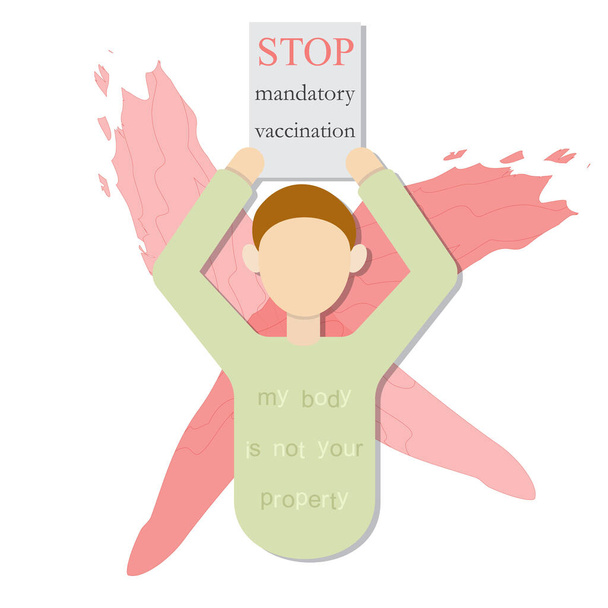muž poster protest stop povinné vakcinace odmítnutí vakcinace moje tělo není váš majetek coronavirus covid žádné vakcinace - Vektor, obrázek