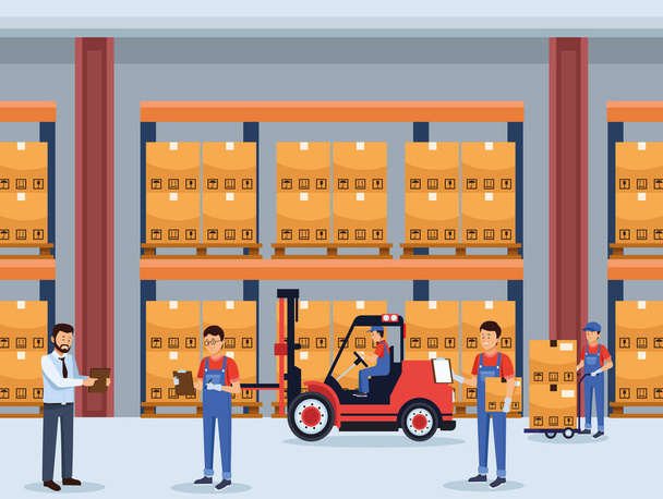 logistic workers in warehouse - Vector, Image