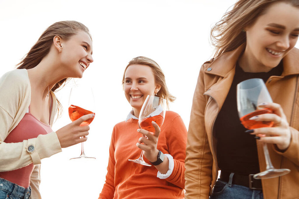 Iloiset nuoret tyttöystävät juovat viiniä ja syövät bruschettaa, kun he pitävät piknikin kesäviikonloppuna puistossa. - Valokuva, kuva