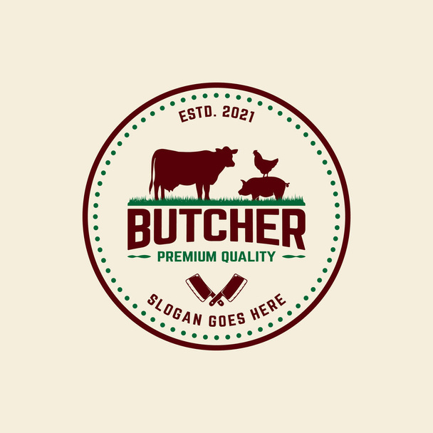 Vintage Butcher Badge Label Stempel Emblem mit dem Symbol von Kuh Schweinehähnchen. Geeignet für Metzger Metzgerei Deli Beef Meat Shop Markt in Hipster Retro Style Logo Design Template. - Vektor, Bild