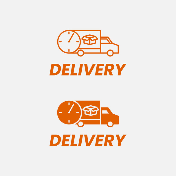 2つのスタイルラインと固体ロゴデザインテンプレートでクロックタイマー付き配信トラック。迅速な配送に適し貨物貨物流通運送会社ロゴデザイン. - ベクター画像