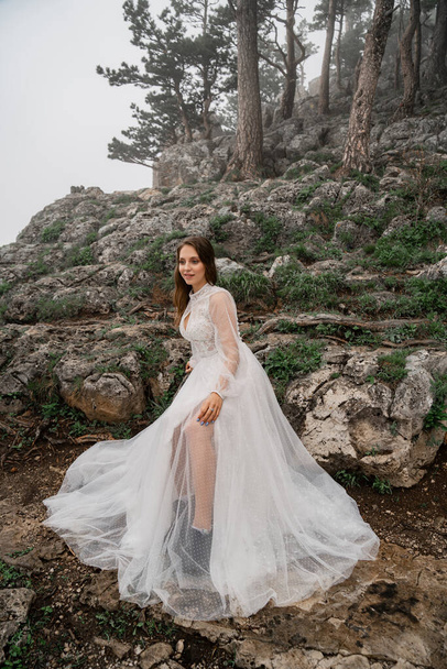 A bride in a white dress stands in the misty mountain forest.  - Foto, afbeelding