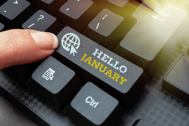 Jelzés megjelenítése Hello January. Business concept greeting used when welcoming the 1st month of the year Gépelés Új Blog Tartalom, Írás Film Scripts, Létrehozása Számítógépes kódokat - Fotó, kép