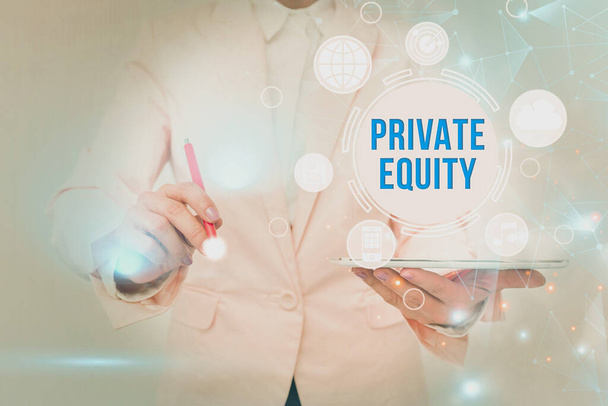 Sign displaying Private Equity. Internet Concept limited partnerships composed of funds not publicly traded Business Woman Touching Futuristic Virtual Display Holographic Interface. - Photo, Image