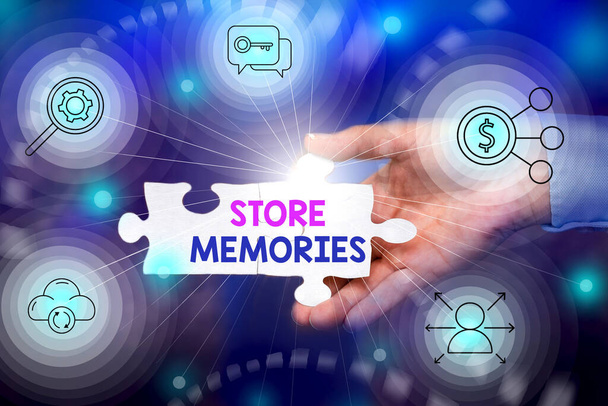 Podpis tekstowy przedstawiający Store Memories. Pomysł na biznes proces wprowadzania i przechowywania danych wcześniej nabytych Hand Holding Puzzle Piece Odblokowanie nowych futurystycznych technologii. - Zdjęcie, obraz