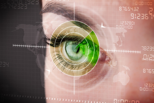 Cyber woman with modern military target eye - Фото, изображение