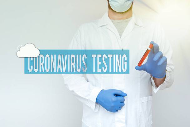 Έμπνευση που δείχνει σημάδι Coronavirus Δοκιμές. Word for Collection of samples from a sustainable patient to identify SARSCoV2 Χημικός Παρουσιάζοντας Δείγμα Αίματος, Επιστήμονας Αναλύοντας Δείγμα Έρευνας - Φωτογραφία, εικόνα