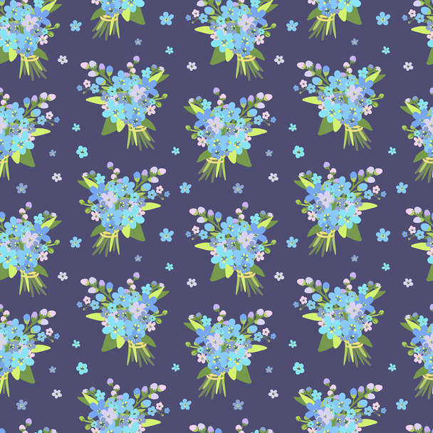 Vector seamless pattern with forget-me-not flowers bouquet on the dark background. Cute pattern with blue flowers. Gardening. Hand drawn flat illustration. - Vector, Image