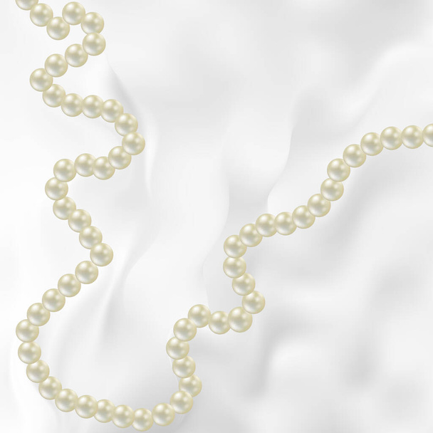 Pearl pearls on silk white fabric. Style, beauty, design, fashion background interior - Vector, Image