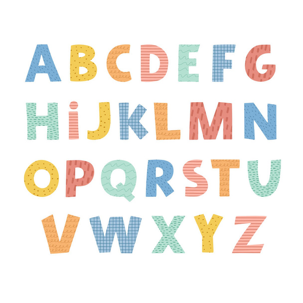 Cute baby alphabet, Scandinavian style. Hand drawn fonts for kids. Vector illustration - Вектор, зображення