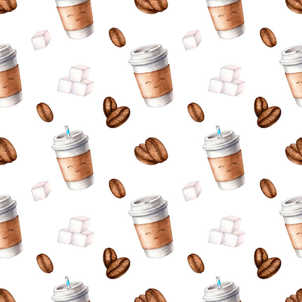 Безшовний візерунок з акварельними фарбами ручної ілюстрації чашки кави, щоб піти. Акварельні кавові зерна, цукрові кубики ізольовані на білому тлі. Пийте фон для дизайну меню та тканинного текстилю
 - Фото, зображення