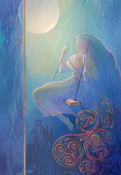 Celtic swing. Oil painting on wood. Drawing of beautiful girl dreaming about sorcery in ancient Nordic environment. Fantasy illustration for an old medieval legend. Surrealism style. - Foto, imagen