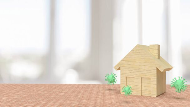 Virus und Holz für den Aufenthalt von zu Hause oder zu Hause Isolation Konzept 3D-Rendering - Foto, Bild