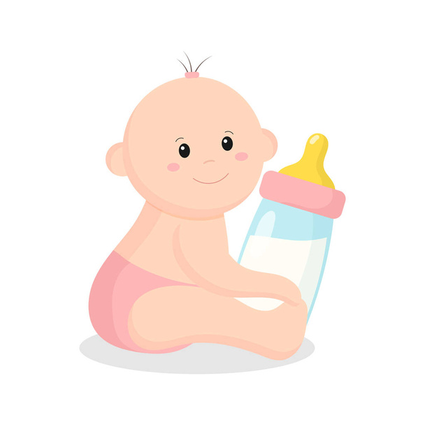 Cute baby girl with baby bottle isolated on white background. Vector illustration - Vector, Image
