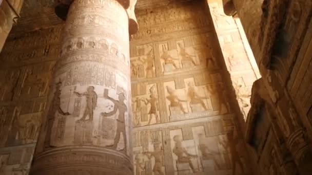 Ręczny strzał spacerujący w przejściu starożytnej egipskiej świątyni - Materiał filmowy, wideo