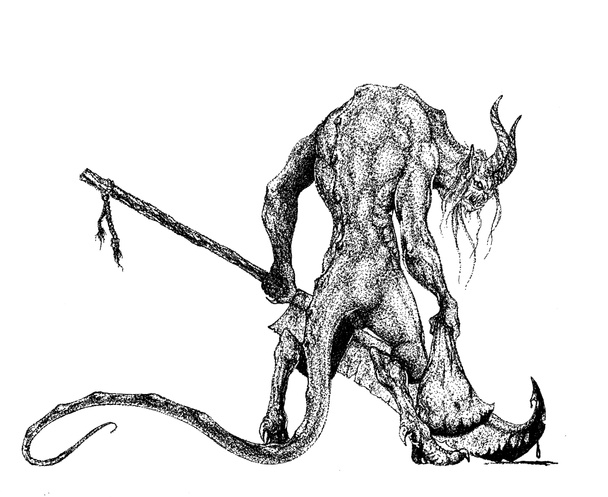 een gehoornde demon staat half gedraaid met een zak en een enorme roestige zwaan - Foto, afbeelding
