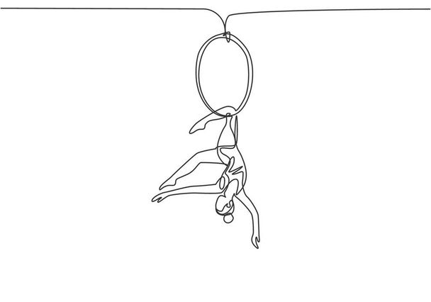 Egyetlen vonal egy akrobatikus nőt rajzol, aki egy légi karikán teljesít, miközben fél lábbal lehajtott fejjel táncol. Modern folyamatos vonalrajz design grafikus vektor illusztráció. - Vektor, kép