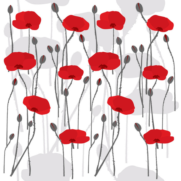 Seamless pattern with hand drawn stylized poppies on white background - Vector, Image
