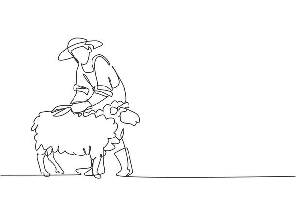 Continuous one line drawing young male farmer was carefully shearing the fleece using scissors. Successful farming challenge minimalist concept. Single line draw design vector graphic illustration. - Vector, Image
