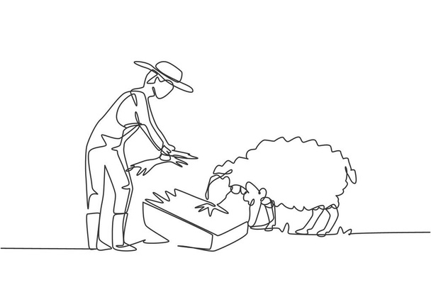 Ενιαία συνεχή γραμμή αντλώντας νεαρό αρσενικό αγρότη ταΐζει τα πρόβατα, έτσι ώστε τα πρόβατα θα είναι υγιείς και να παράγουν το καλύτερο κρέας. Μινιμαλιστική έννοια. Εικόνα διανύσματος σχεδίασης μιας γραμμής. - Διάνυσμα, εικόνα