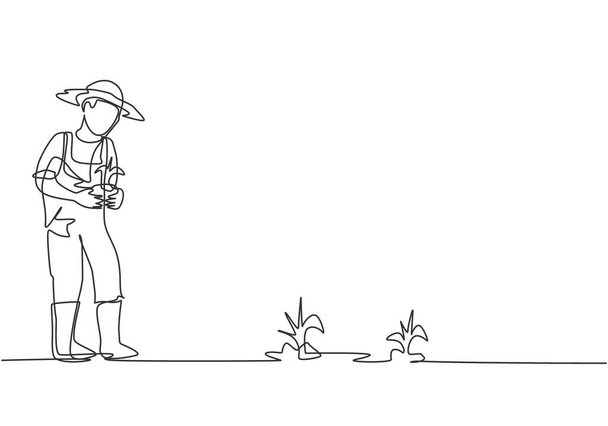 若い男性農家の一本の線画は、農場の畑に植えられる作物をもたらします。農業の課題活動最小限の概念。現代の連続線画デザイングラフィックベクトルイラスト. - ベクター画像