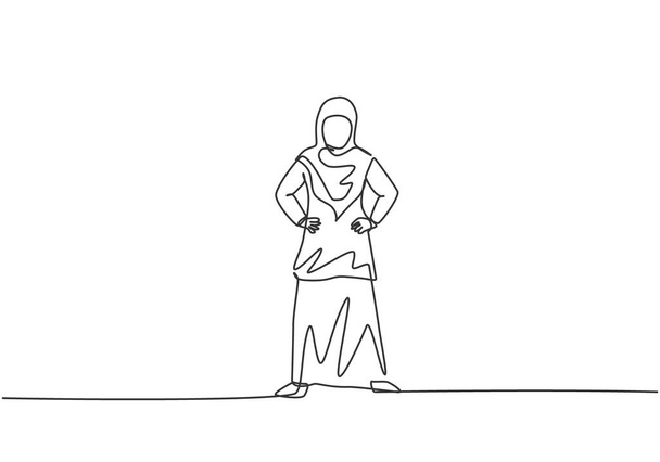 Una linea continua che disegna una giovane lavoratrice araba in piedi per strada pensando ai suoi affari. Metafora minimalista concetto di business vision. Illustrazione grafica vettoriale di disegno a linea singola. - Vettoriali, immagini