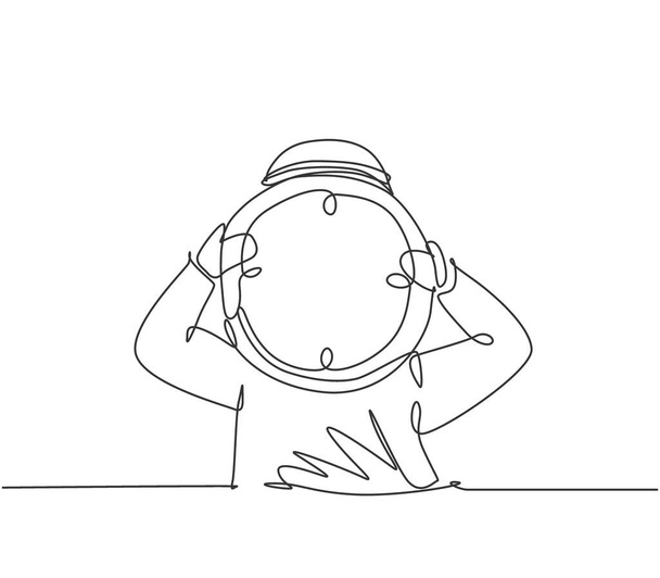 Однолинейный рисунок молодого арабского бизнесмена с гигантскими аналоговыми часами перед головой. Концепция дедлайна метафоры. Графическая векторная иллюстрация. - Вектор,изображение