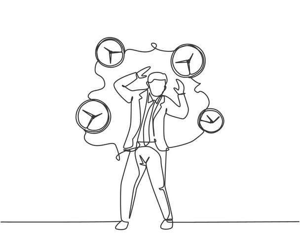 Single continuous line drawing young stressful business man surrounded by flying analog clocks. Minimalism metaphor business deadline concept. Dynamic one line draw graphic design vector illustration - Vector, Image