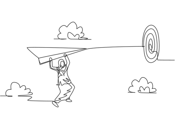 Um único desenho de uma linha de jovem mulher de negócios árabe pendurado em avião de papel voador para acertar o alvo. Desafio empresarial. Conceito mínimo de metáfora. Desenho de linha contínua desenho gráfico ilustração vetorial - Vetor, Imagem